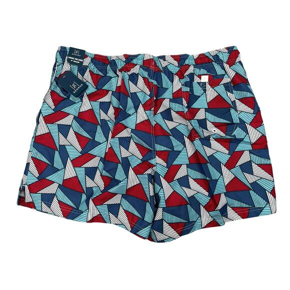 Shark Triangle Print Swim Trunks Men 2XL 44-46 Above The Knee 6" Inseam Blue Red - Picture 3 of 11